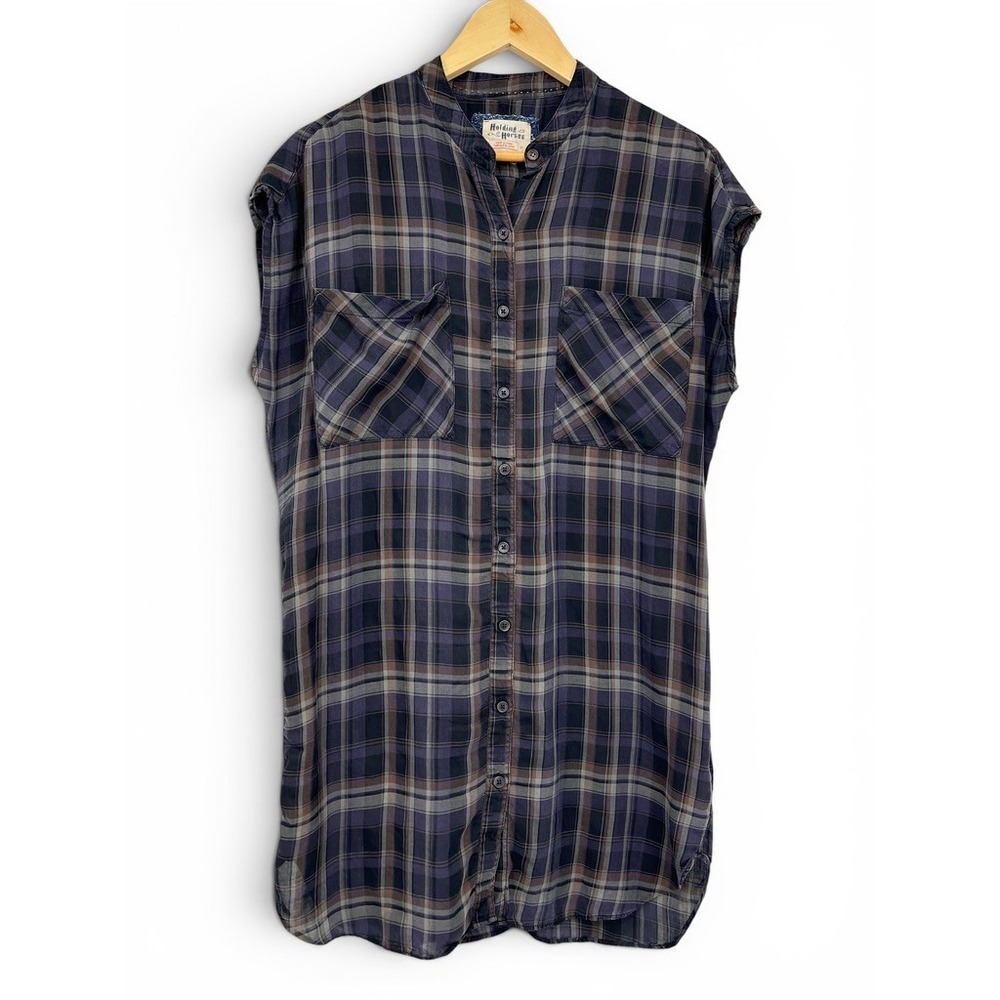 Holding Horses Anthropologie Plaid Sleeveless Tunic Top Purple Brown Lyocell S
